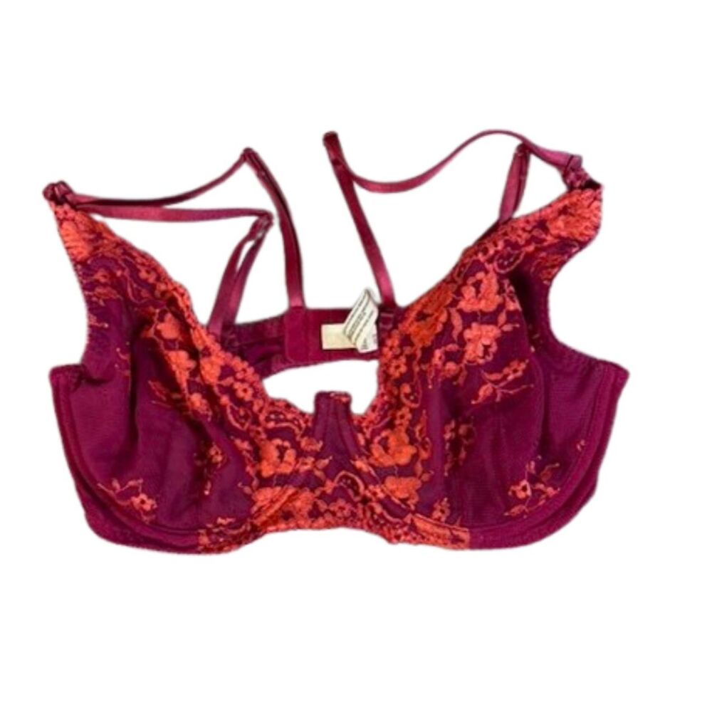 Intimately Free People Lace Underwire Bra 36D Berry Orange Floral Sheer NWOT